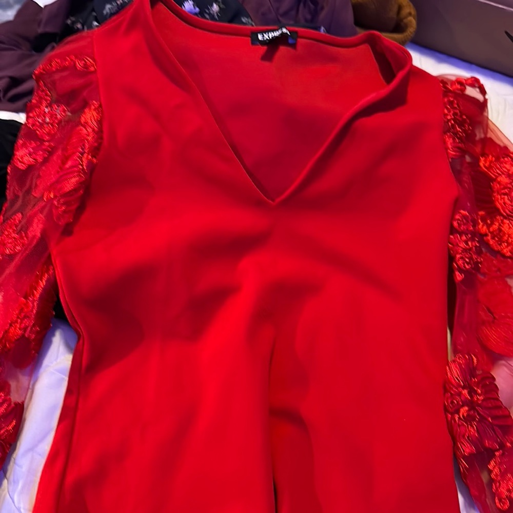Beautiful Red Express Bodysuit with floral mesh arms